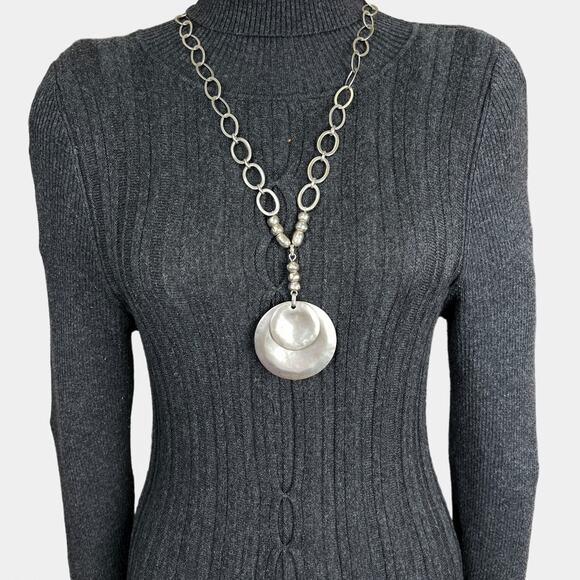 Chico's Pendant Necklace Silver Tone Modernist Double Medallion Discs Open Links - Picture 3 of 13